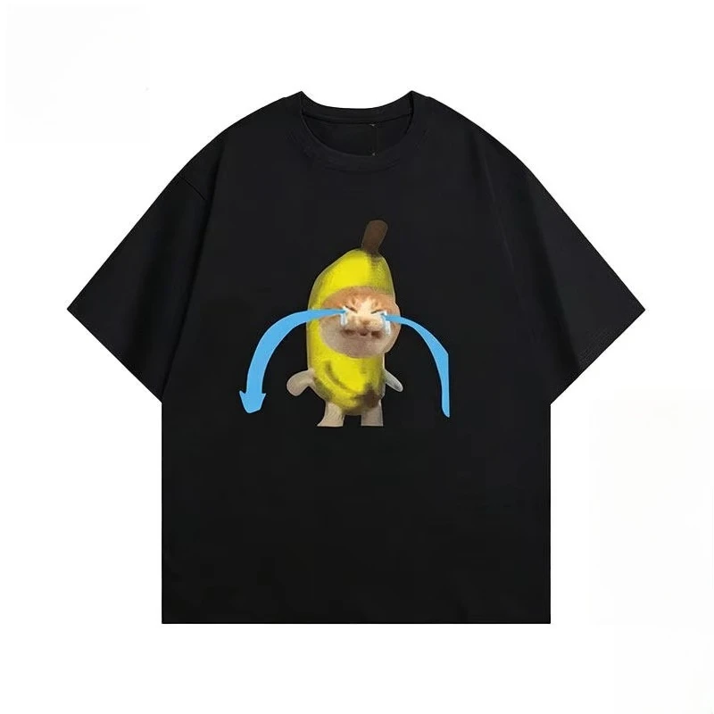 Cat Meme Crying Cat Emoji Printed T Shirt Male and Female Summer New Cotton Versatile Round Nec