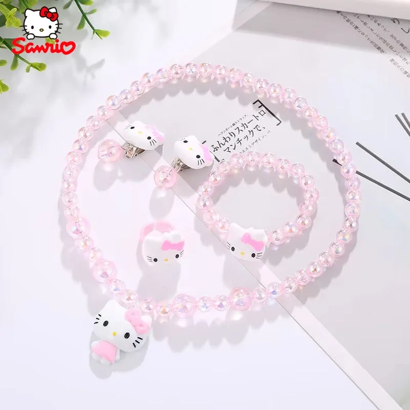 4Pcs/set Hello Kitty Kid Jewelry Necklace Set Jewelry Necklace Hairclips Finger Ring Bracelet Set Sweet Girl Accessories Gifts