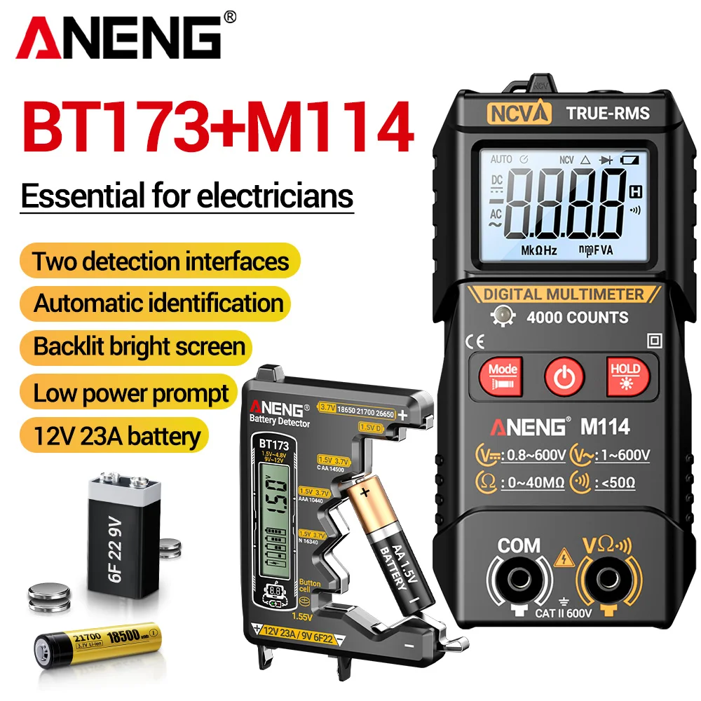 

ANENG Smart Multimeter Detector AC/DC Voltage M114+BT173 Battery Tester Digital Display Screen Profesional Electrician Tools Kit