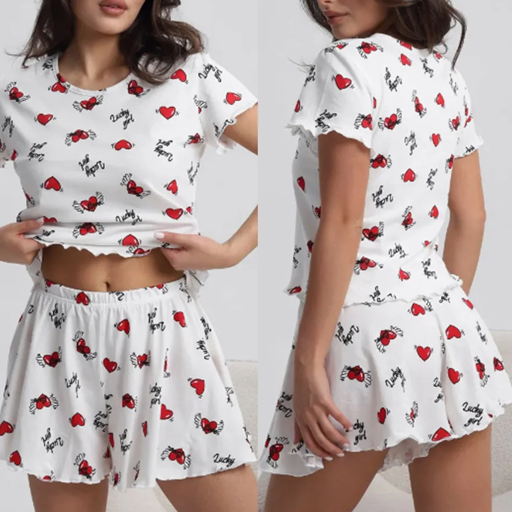 

Womens New Styles Heart Prints T-shirts Shorts Pajama Sets Fashion Home Clothes Comfortable High-quality