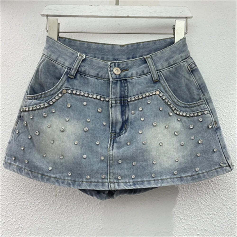 Drilling beads design denim short skirt women stretch jeans new fashion