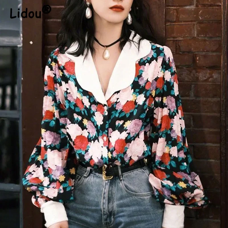 2023 Autumn Women's New Fashion Commuter Flower Broken Lantern Sleeve Shirt Casual Versatile Comfortable Long Sleeve Top