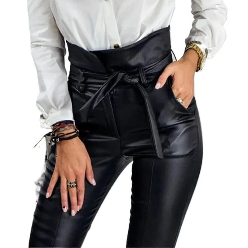 Black Belt High Waist Pencil Pant Women Faux Leather PU Sashes Long Trousers Casual Sexy Exclusive Design Fashion