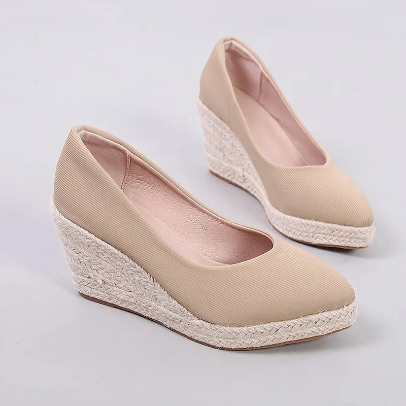 Spring and Autumn New Pointed Wedge Sandals Canvas Shoes Women\'s High Heels Thick Heel Rope Thick Sole Large Size