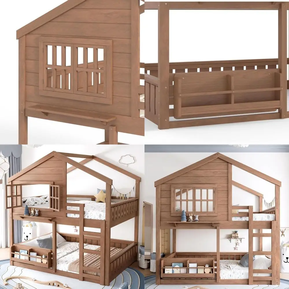 

Solid Wood Bunk Bed with Ladder, Guardrail, Bookshelves, and Window, Space-Saving for Kids