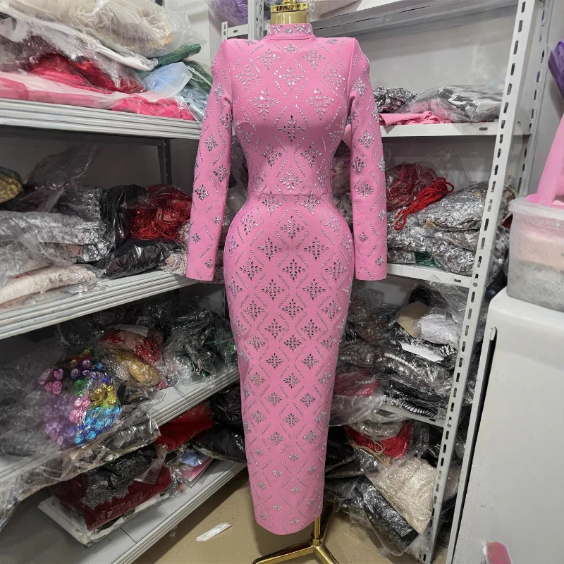 فستان نسائي أنيق مطرز بحجر الراين برقبة عالية وأكمام طويلة ملابس ضيقة للمشاهير فساتين الحفلات المسائية