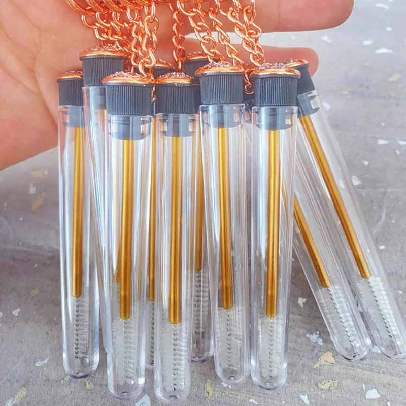 Portachiavi con tubo per spazzola per ciglia riutilizzabile in oro, contenitore per spoolie in plastica, glitter, mascara, bacchette, portachiavi