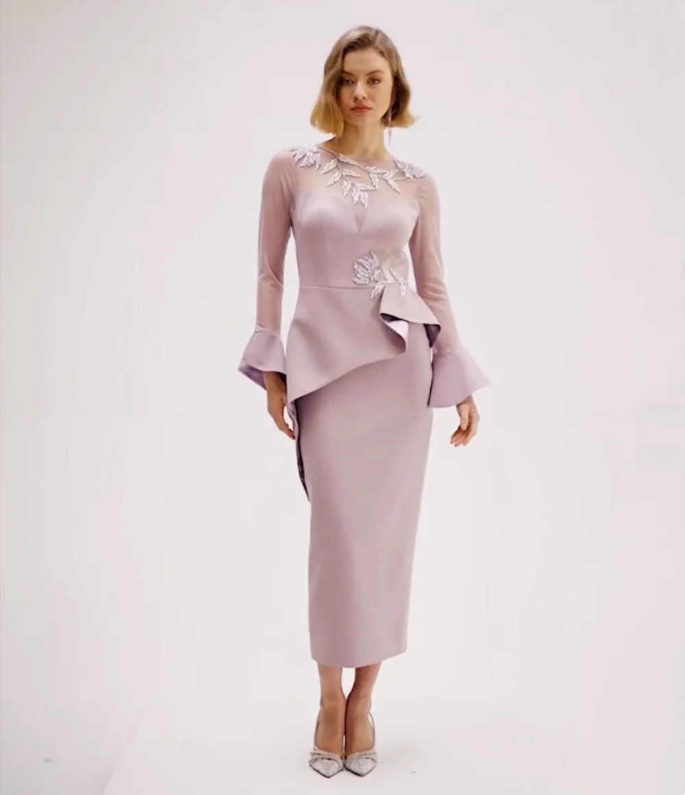 

Customized Jersey Applique Pleat Straight Midi Dresses Bespoke Occasion Woman Elegant Party Wedding Guest Evening High Quality