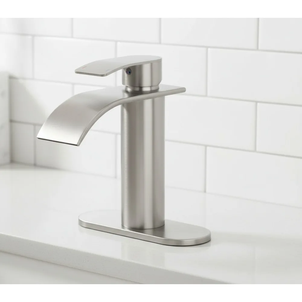 Waterfall Bathroom Faucet Brushed Nickel Single Handle with Anti-Splash Design & Metal Drain for Vanity Sink
