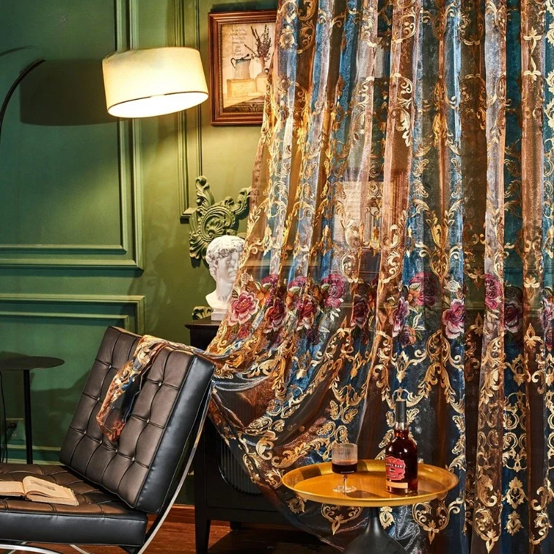 جديد تخصيص الأمريكية الخفيفة الفاخرة الشاش الستائر خمر الجاكار الجوف التطريز شفافة الستائر مع الشاش