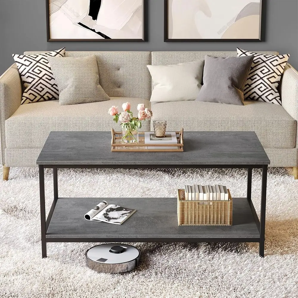 2-Tier Industrial Style Coffee Table with Storage, Rectangular Wooden Center Table for Living Room, Small Space, Concrete Gray F