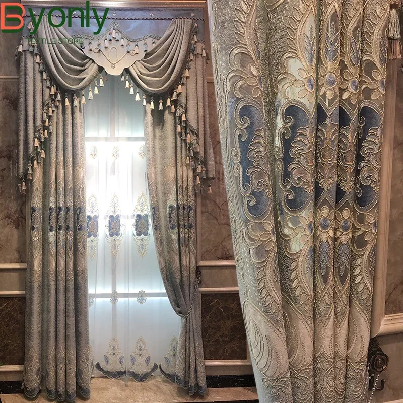 

Silver Gray Chenille Hollow Embroidered Window Screen Water-soluble Embroidered Curtains for Living Room Bedroom Customization