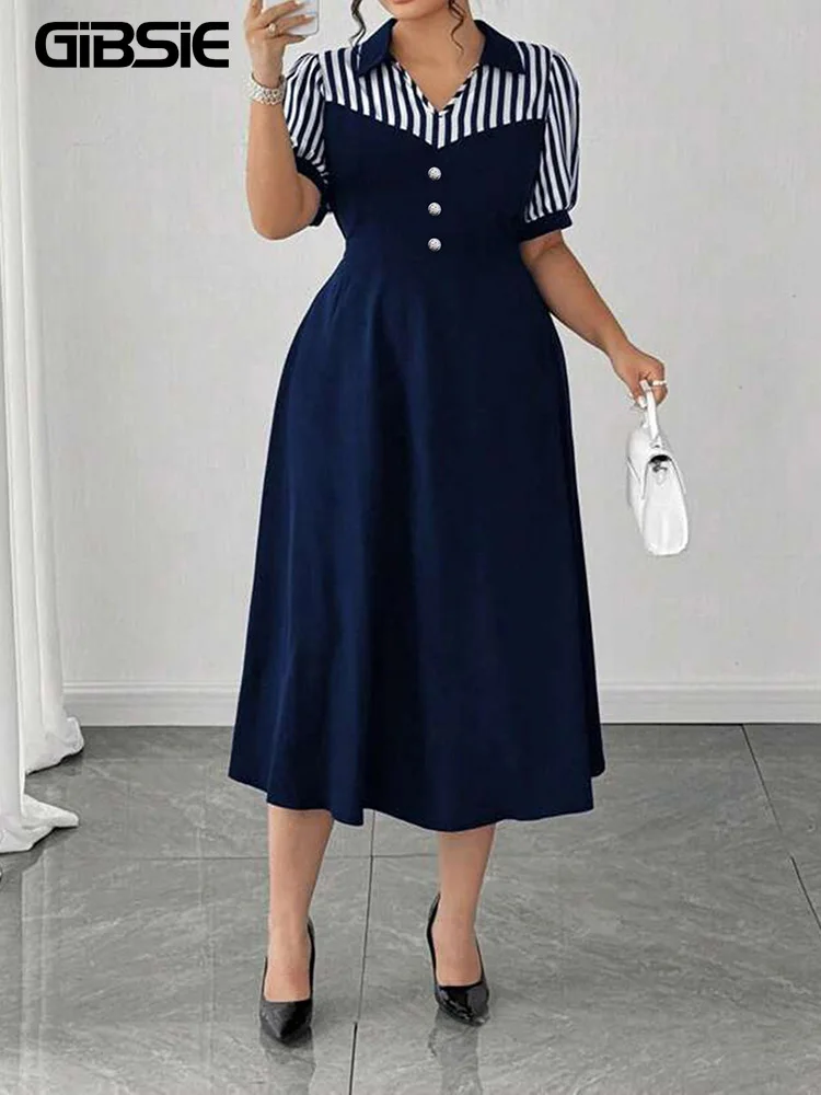 

GIBSIE Plus Size Striped Puff Sleeve Shirt Dress Women 2026 Summer Button Detail Elastic High Waist A-line Casual Long Dresses