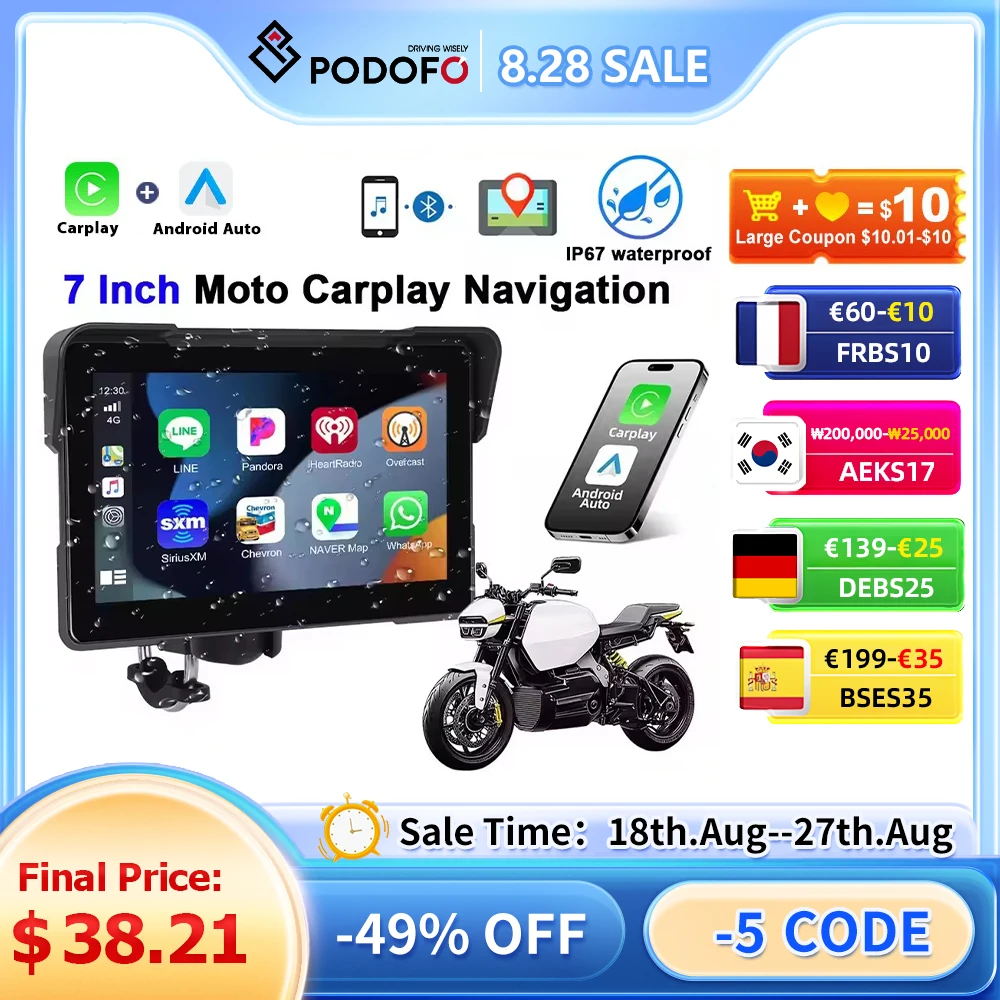 

Podofo 7'' Motorcycle Carplay Android Auto Navigation GPS Motorcycle DVR Bluetooth EQ IP67 Waterproof Airplay Android Cast 12V