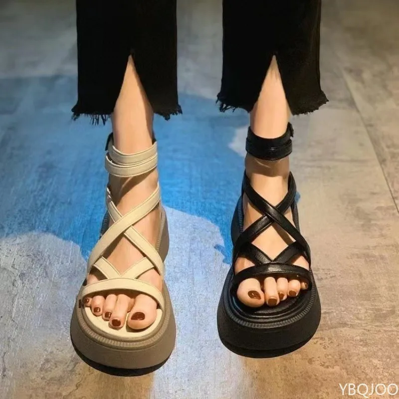 Fashionable Thick Bottom Sponge Cake Bottom Sandals for Women's Summer Style Versatile Hollow Cross Fine Strap Zipper Sandals