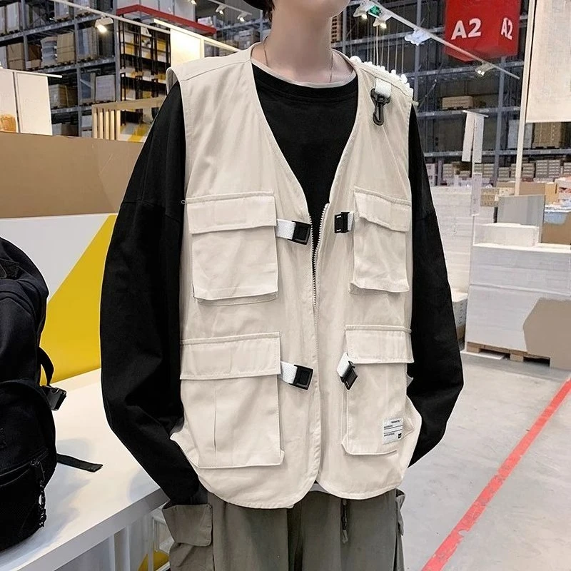 

Japanese Style Loose Workwear Vest for Men 100% Cotton Multi Pocket Jacket Vintage Hip Hop Military Tactical Streetwear