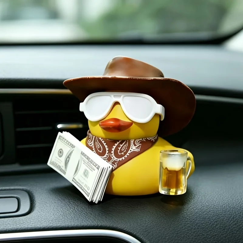 3/1 Piece Set of Cool and Stylish Money-Making Duck Car Ornaments, Cowboy Hat and Scarf Design, Fashionable Car Interior Decoration Items, Western Cowboy Little Yellow Duck Car Ornaments, Sunglasses, Money, Beer Cup, Resin Car Dashboard Interior Decoration, Halloween and Christmas Gifts - view 2