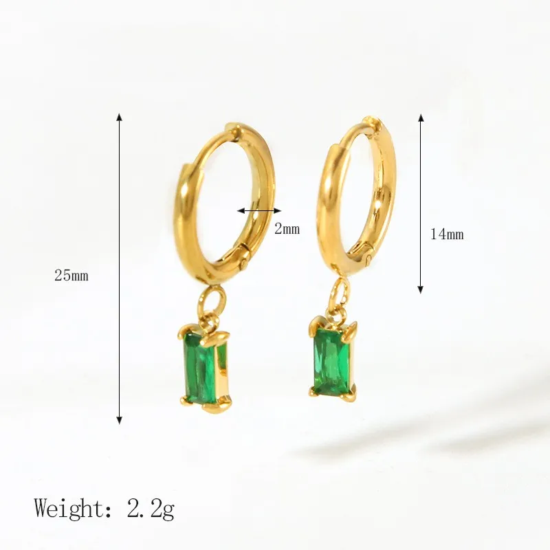 Ins 18K Gold PVD Plated Stainless Steel Square Green Stone Hoop Earring For Women Waterproof  Hypoallergenic Jewelry Gift