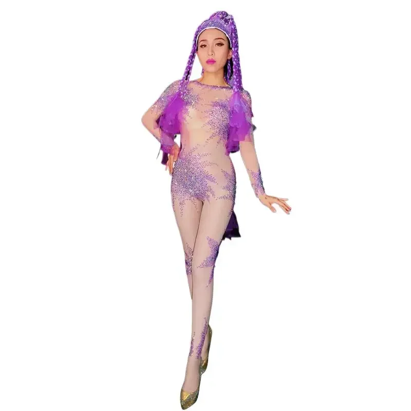 ไนท์คลับดีเจผู้หญิงเครื่องแต่งกายคริสตัลสีม่วงตาข่ายจั๊มสูทปาร์ตี้พรอมฉลองการแสดงเวทีซีทรูสกินนี่