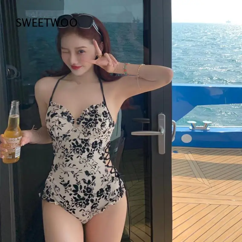 Women One Piece Floral Swimsuit Halter V Neck Side Lace Up Bathing Suit High Cut Swimwear For Beach Pool Summer Seaside
