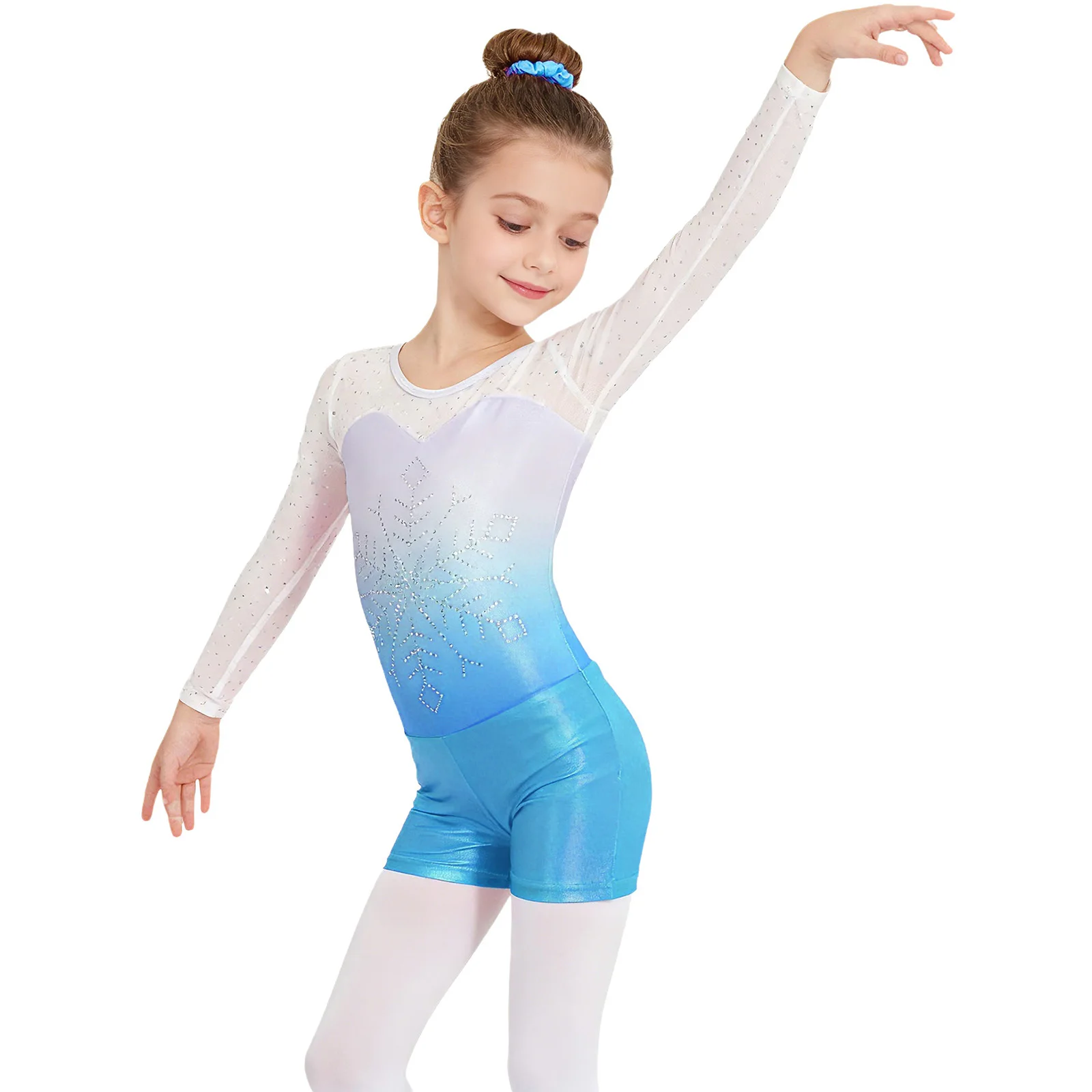 

Kids Girls Ballet Dance Outfit Sheer Mesh Patchwork Long Sleeves Snowflake Metallic Leotard+Shorts+Headwear Gymnastics Dancewear