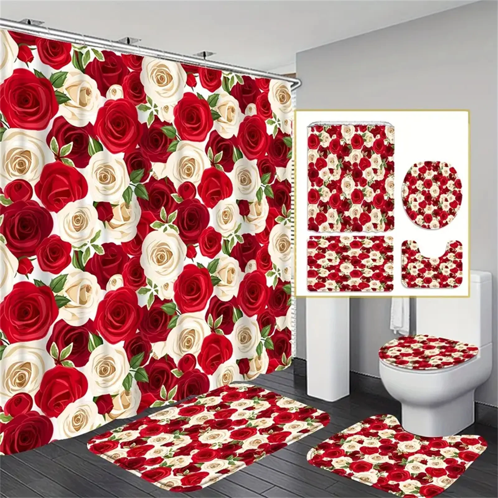 Rose Flower Shower Curtain Set with Non-Slip Rugs Toilet Lid Cover Bath Mat Valentine\'s Day Bathroom Curtain Waterproof Decor