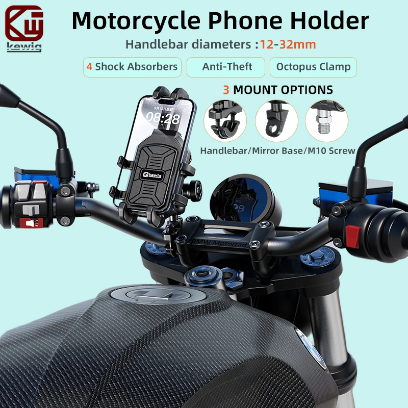 Kewig M26S Shockproof Motorcycle Phone Holder 4 Vibration Dampener 360° Rotation Anti-Thief For Motorbike Bicycle Bike Scooter