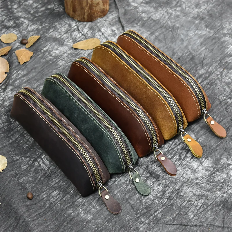 

New Crazy Horse Leather Pencil Bag Student Stationery Bag Genuine Leather Handmade Pen Cover Cowhide Stationery Bag