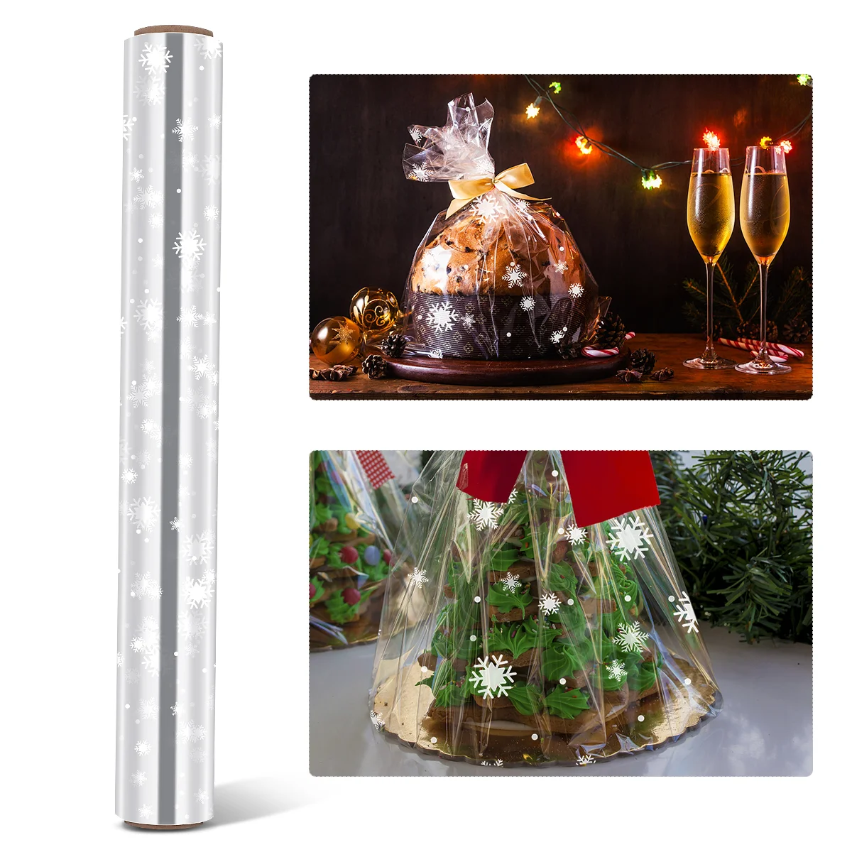 STOBOK Cellophane Wrap 25 Mil Thickness Cellophane Wrap Roll Snowflake Decorated Cellophane Bags to Wrap Gift Baskets &