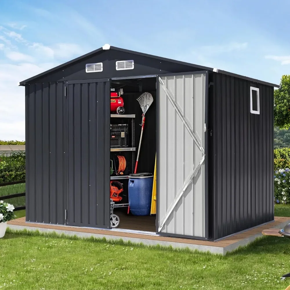 8'x6' Outdoor Storage Shed, Galvanized Metal Steel Garden Shed with Upgrade Window, Double Door W/Lock