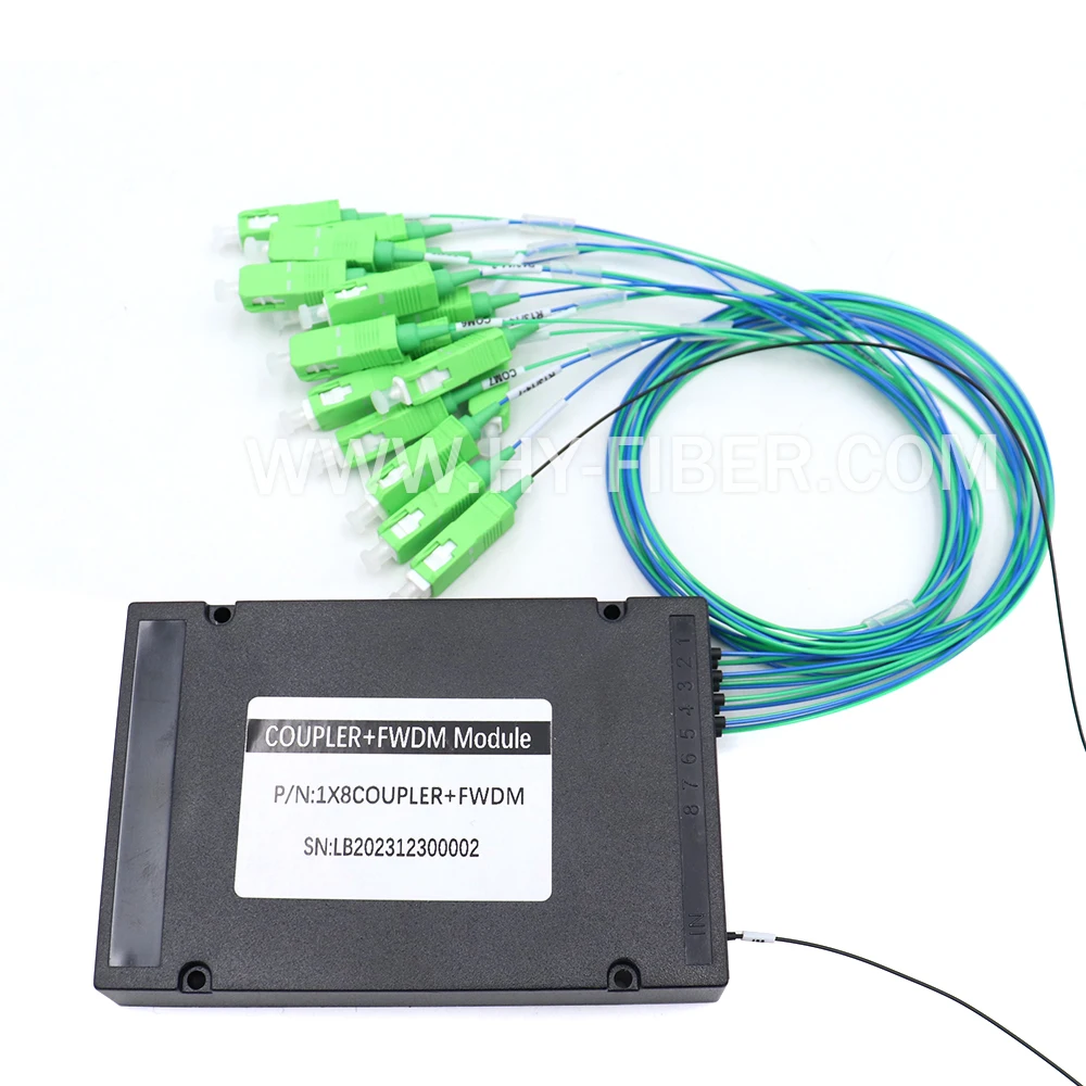 مقسم بصري من الألياف عالي الطاقة، 1 × 8، نافذة واحدة 1550، كابل 0.9 مم، SC/APC مع FWDM بدون FWDM #4