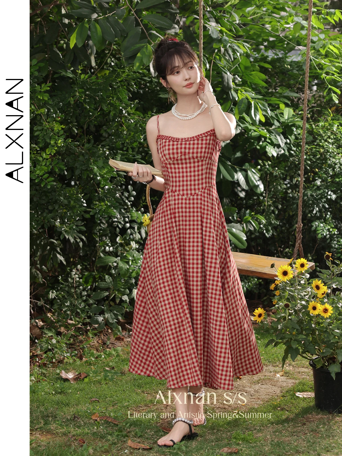 ALXNAN Frenchy Vintage Red Plaid Summer Cami Dress Women 2024 Fashion Elegant Vacation Holiday Fitted Swing Long Dresses L35921