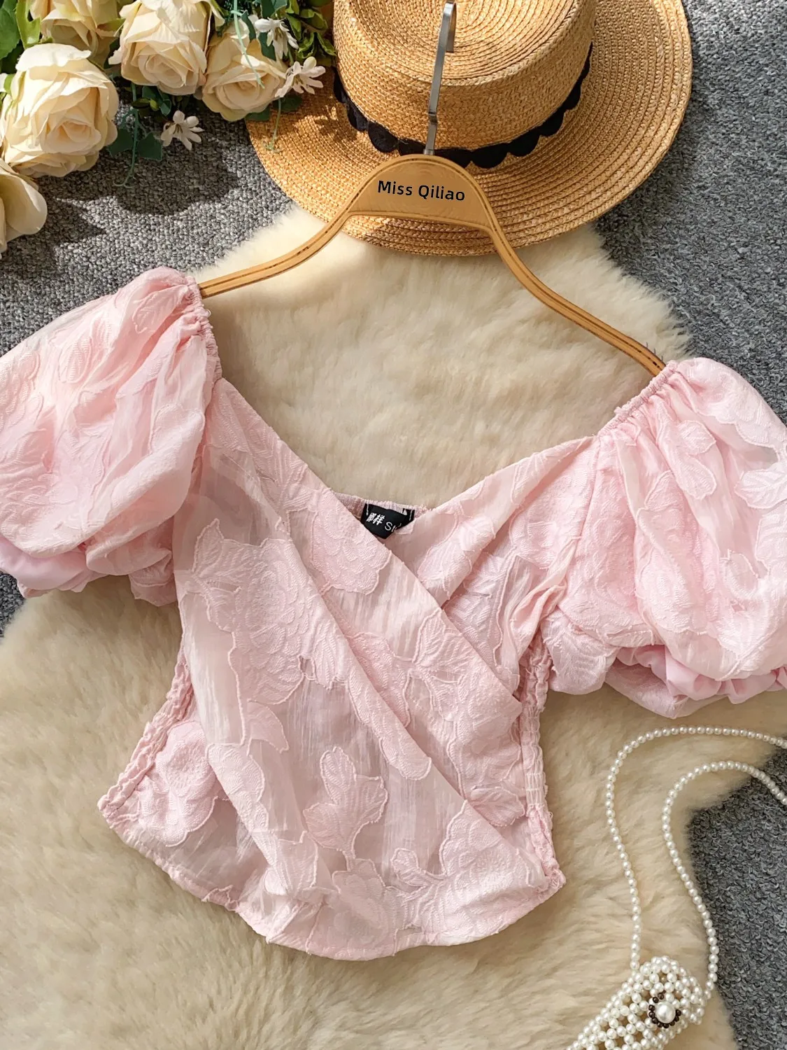 Doux doux croix v-ne bulle Sve ort irt femmes été lourd broderie coupe ajustée coréen Sle trajet Faion