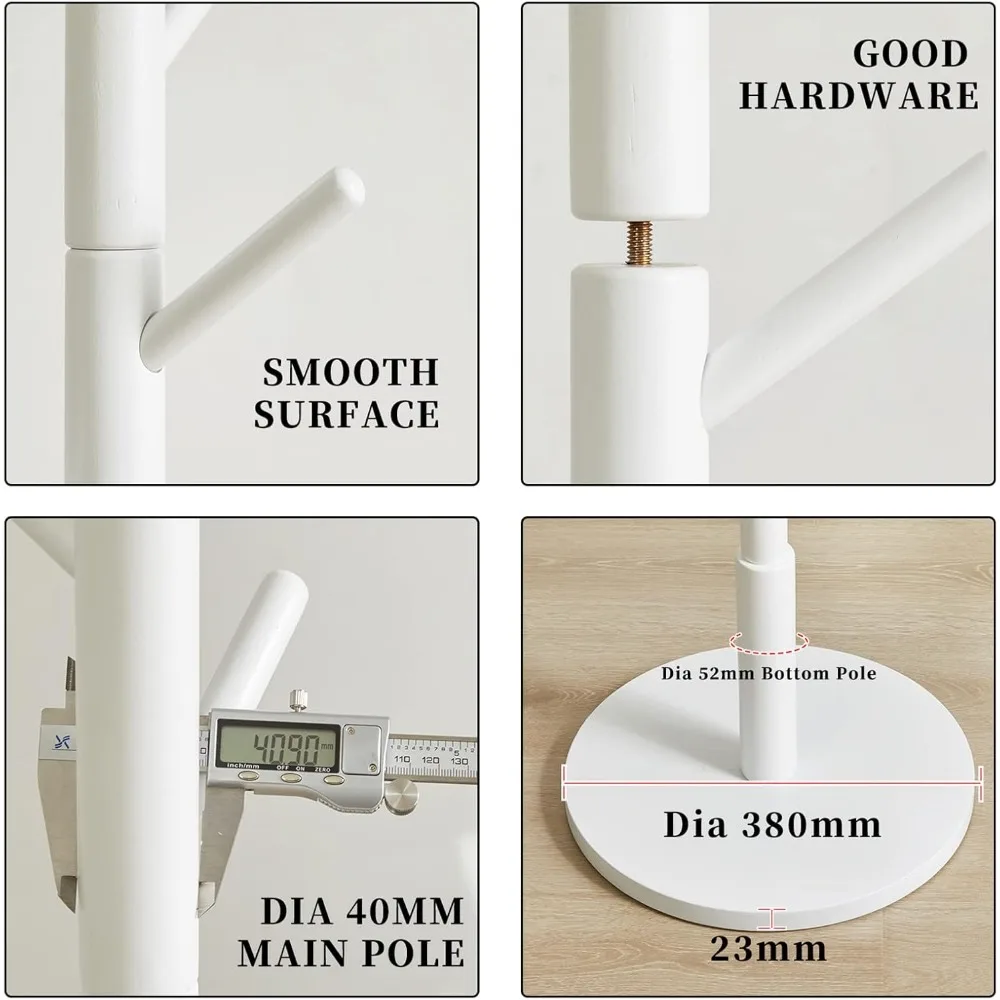 Perchero de pie perchero blanco con 8 ganchos y 3 opciones de altura, perchero infantil de madera con base redonda resistente, salón pequeño tr