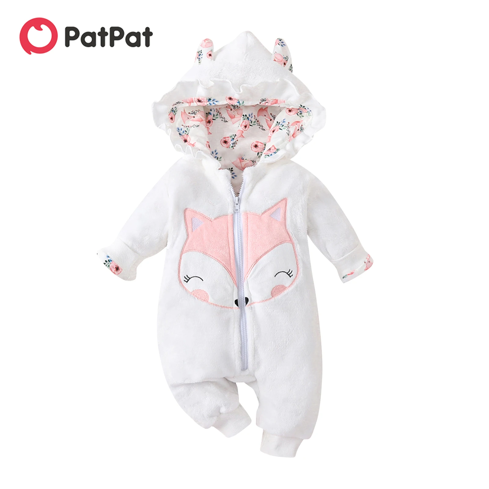 

PatPat Baby Girl Jumpsuits Fox Embroidered 3D Ears Hooded Long-sleeve Thermal Fuzzy Print Jumpsuit for Baby Girls Costumes