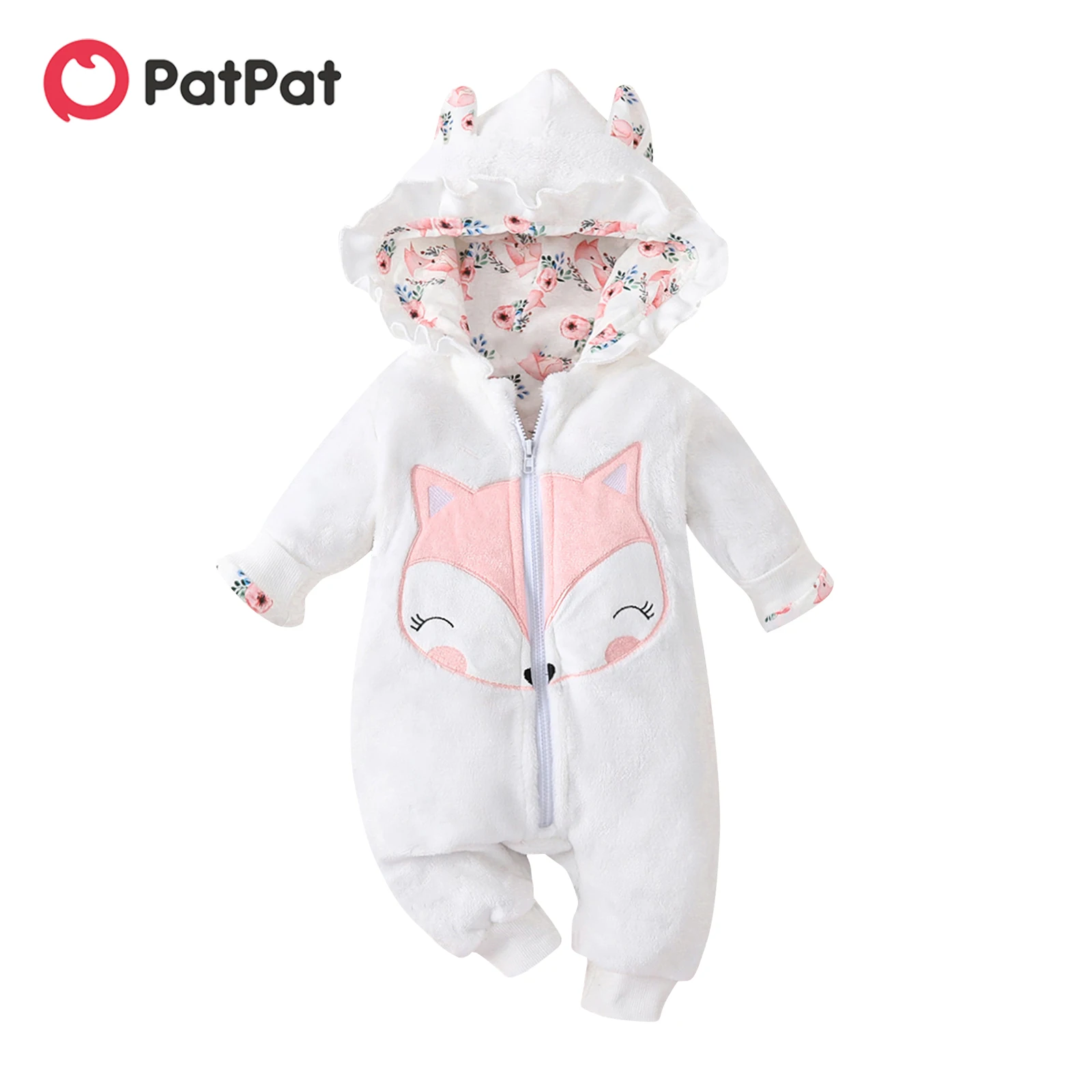 PatPat Baby Girl Jumpsuits Fox Embroidered 3D Ears Hooded Long-sleeve Thermal Fuzzy Print Jumpsuit for Baby Girls Costumes