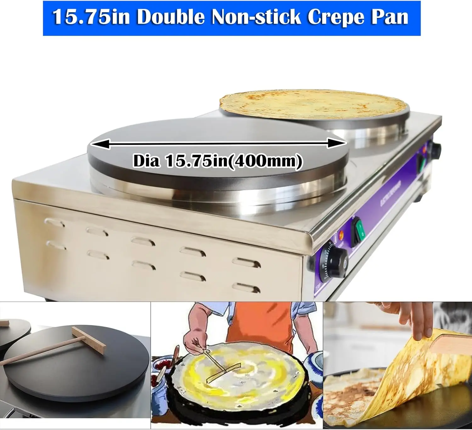 220V ไฟฟ้า Crepe Maker 3KW × 2 Commercial Pancake Maker Nonstick กระทะ Griddle เครื่องหม้อสําหรับ Blintzes ไข่เบคอน