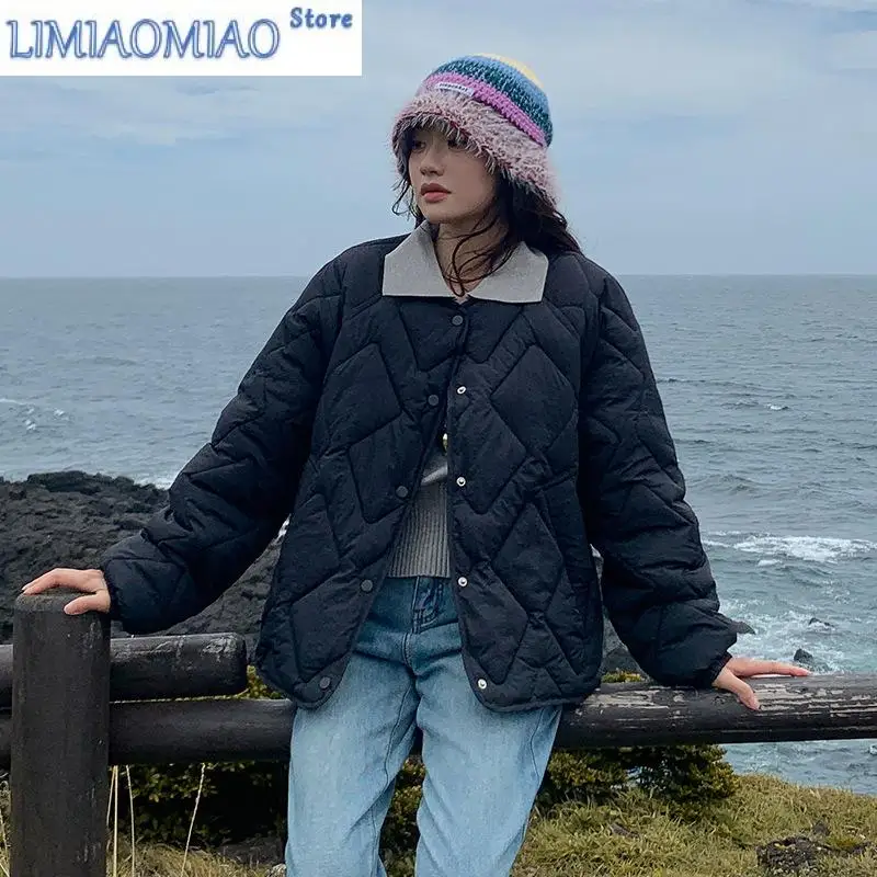 Autumn Winter Quilted Jacket Women Cotton Coat Warm Parkas Single-breasted Long Sleeve Design O-neck Outerwear Black Blue Yellow