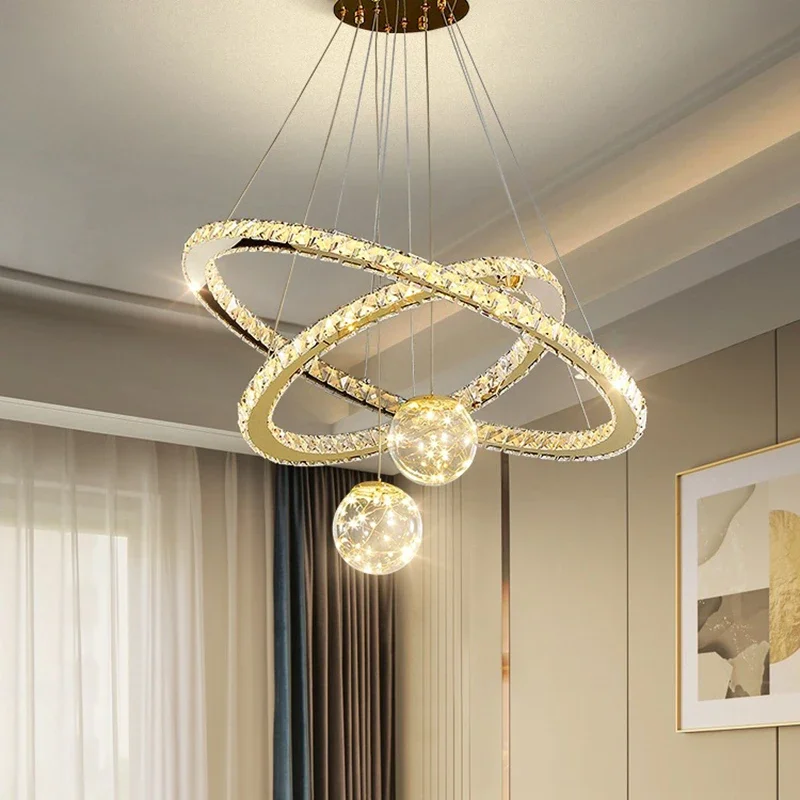 Luxury Modern Led Crystal Pendant Light Glass Ball Lustre Gold Star Ring Chandelier Home Decor Living Room Ceiling Lamp