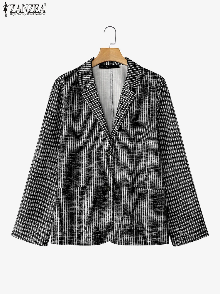 

ZANZEA Autumn Women Thin Blazer Striped Print Shirts Fashion Office Lapel Collae Tops Holiday Colorblock Pockets Korean Coats