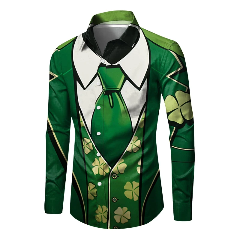 New St. Patrick's Day Fashion Men's Casual Long Sleeve Shirts Comfortable Tops Green Clover Lucky Pattern 3D Printed Men Shirts