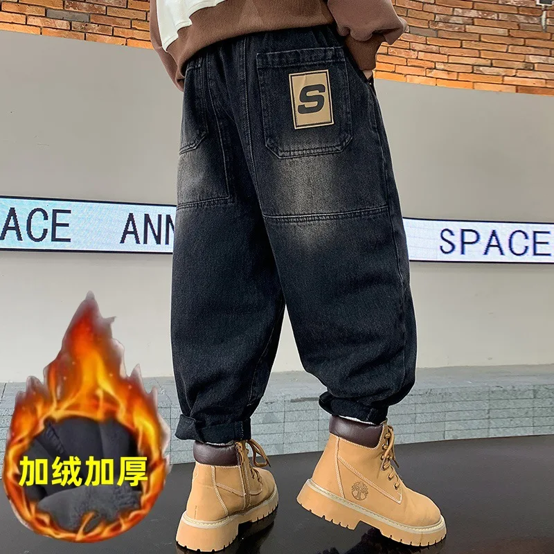 الكورية المألوف الصبي المتكاملة المخملية S كلمة الجينز شتاء دافئ سميكة الصبي الجينز الأطفال السراويل واسعة الساق طفل السراويل