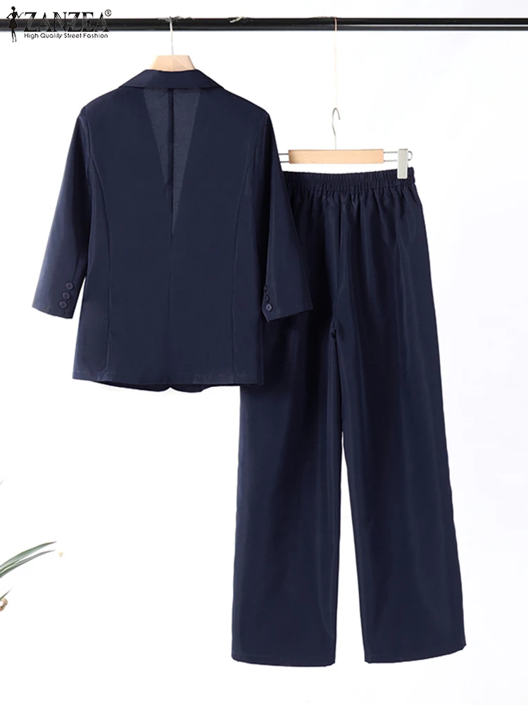 ZANZEA-Blazer à manches 3/4 et taille élastique pour femme, surintendant, ensembles élégants, dame de bureau, olympiques monochromes, ensembles de pantalons décontractés, automne 2024, 2 pièces