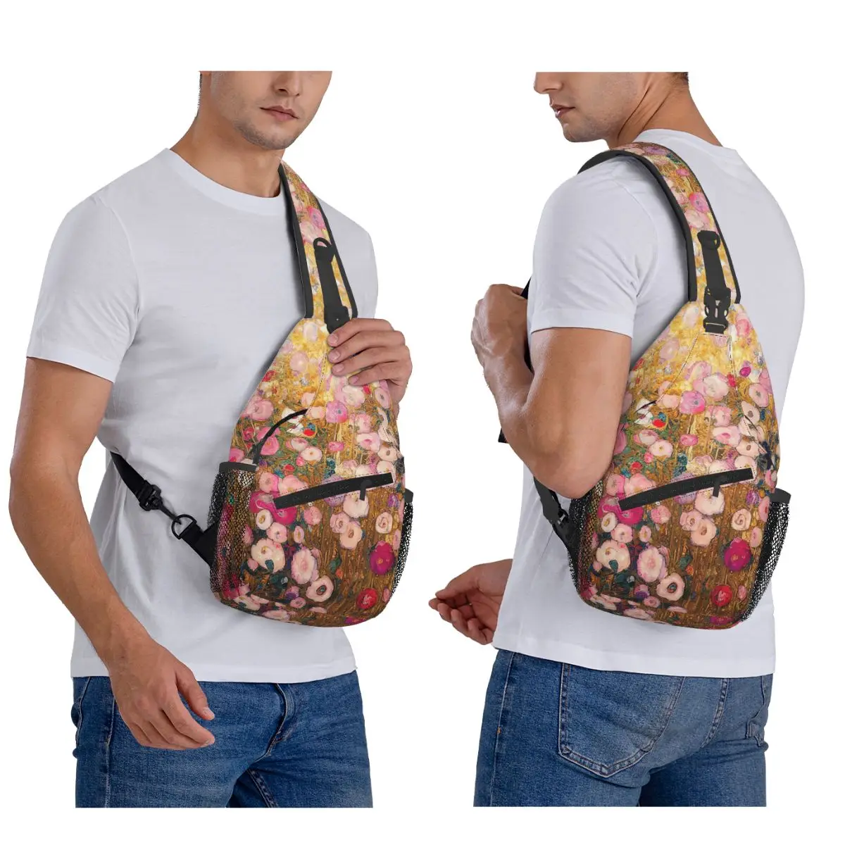 Gustav Klimt Pink Flower Garden Chest Bag Men Sling Crossbody Backpack Chest Bag Traveling Hiking Daypack Shoulder Bag