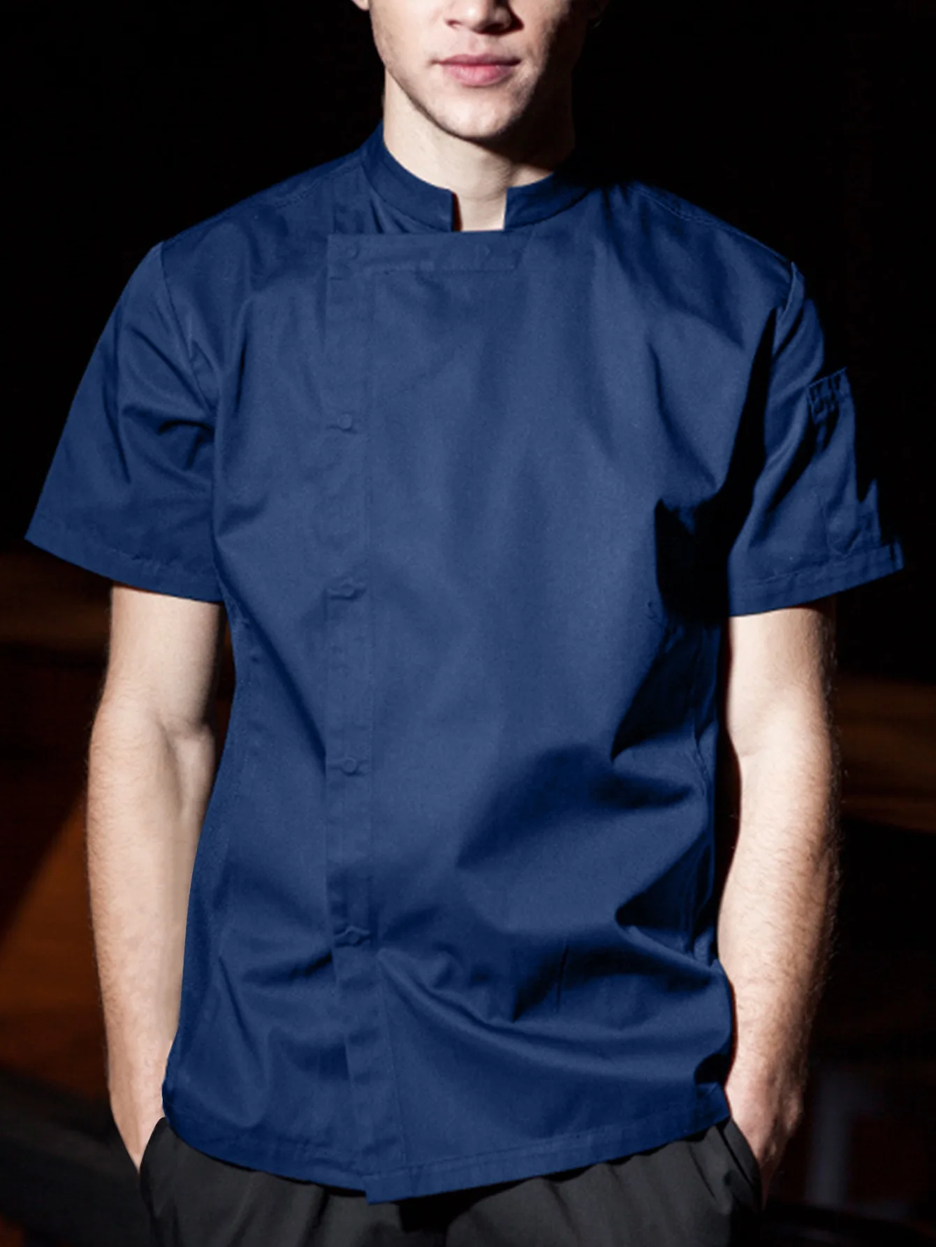 Effen heren koksuniform met opstaande kraag en korte mouwen, olie- en vuilafstotend, comfortabele professionele kleding