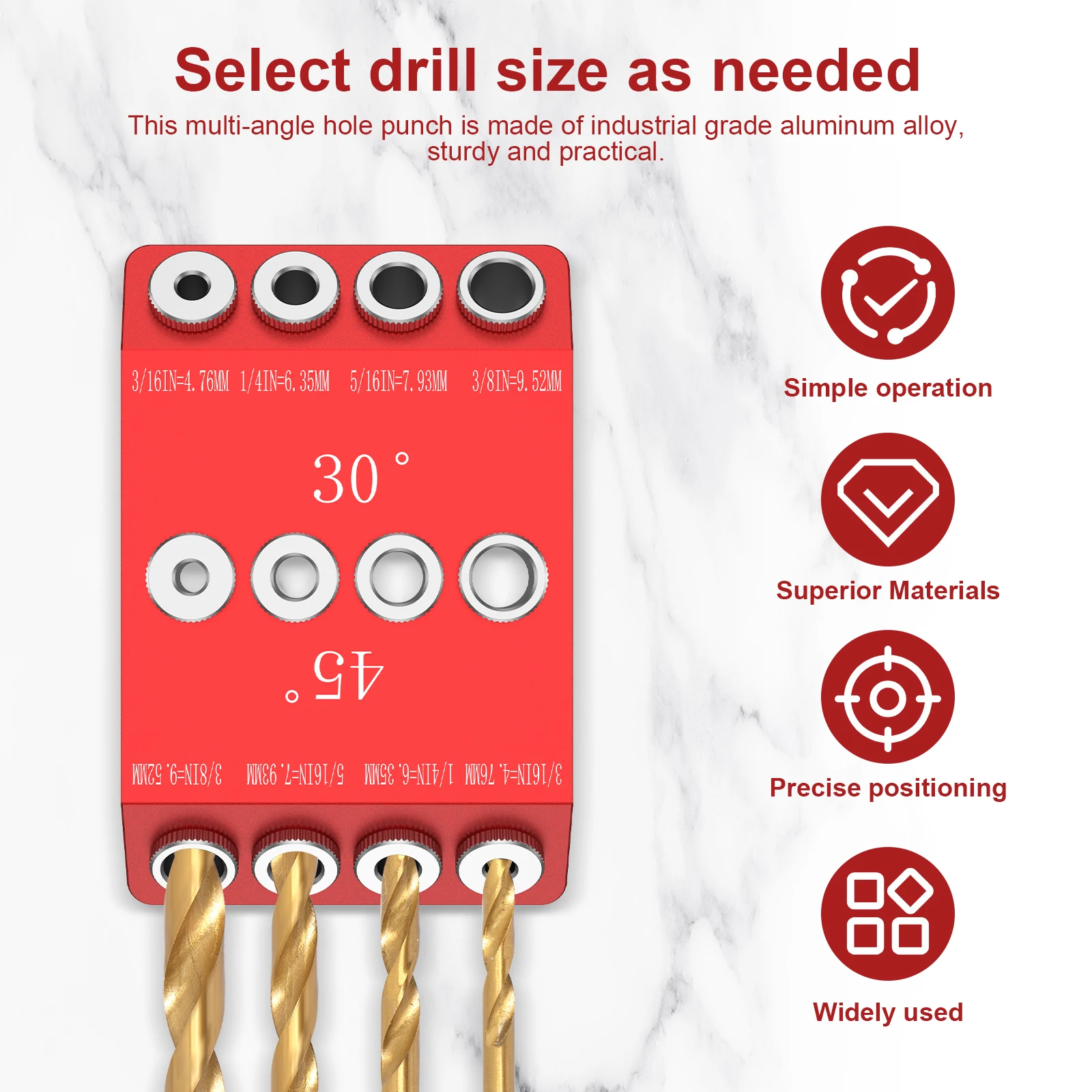 30 45 90 Degree Angle Drill Guide Jig with 4 Drill Bits for Angled/Straight Holes Aluminum Drill Hole Guide Jig Template Block