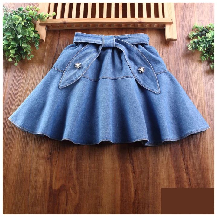 Girls Cute Nail Bead Washed Denim Skirt Spring Fall New Kids Lace Splice Pleated Children Fashion Bow Half-Length Skirt Clothes