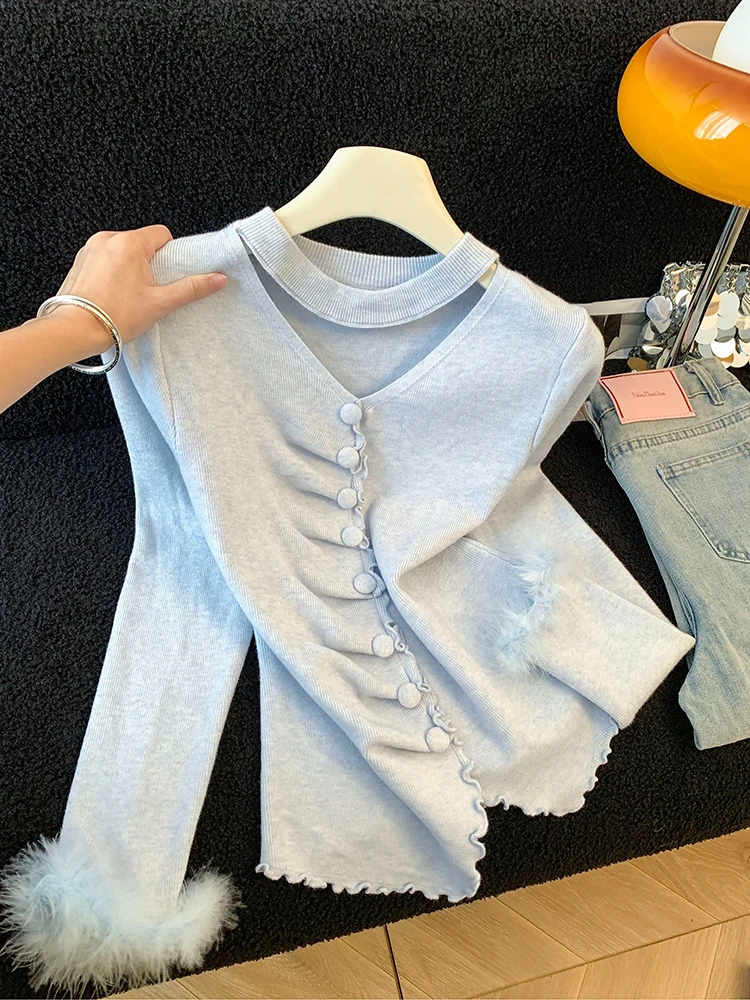 

Korean style hang neck and waist cincined plush sleeve top women autumn and winter beautiful black fungus edge knitted shirt