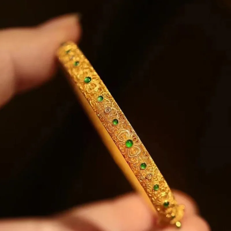 

Exquisite Carven Design Ancient gold craft ethnic style bangles for women Natural Hetian jade bracelets banquet charm jewelry