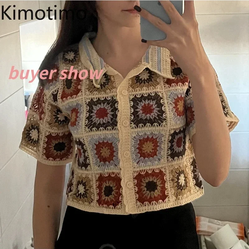 Kimotimo Retro Crochet Flower Short Sleeve Knit Cardigan Women 2024 Summer Lapel Hit Color Fashion Crop Top Trendy Slim Sweater